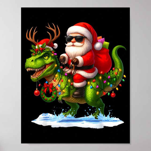 Affiche Père Noël à cheval sur un dinosaure T Rex Noël Gar (Devant)
