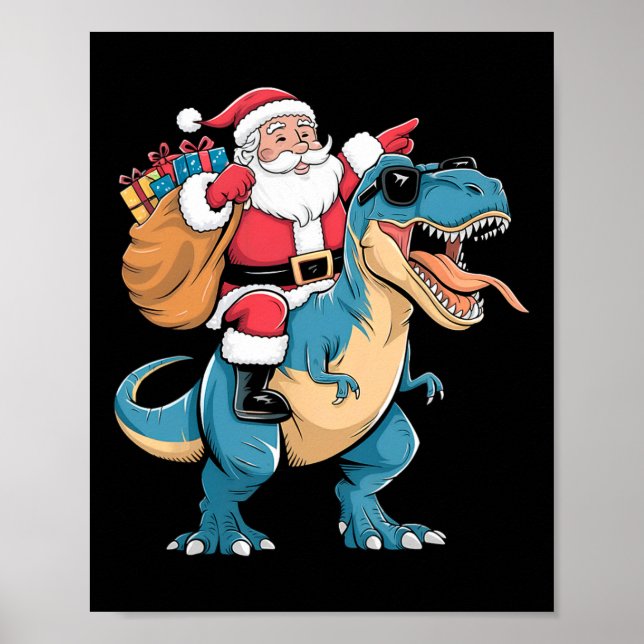 Affiche Père Noël à cheval sur un dinosaure T Rex Noël Gar (Devant)
