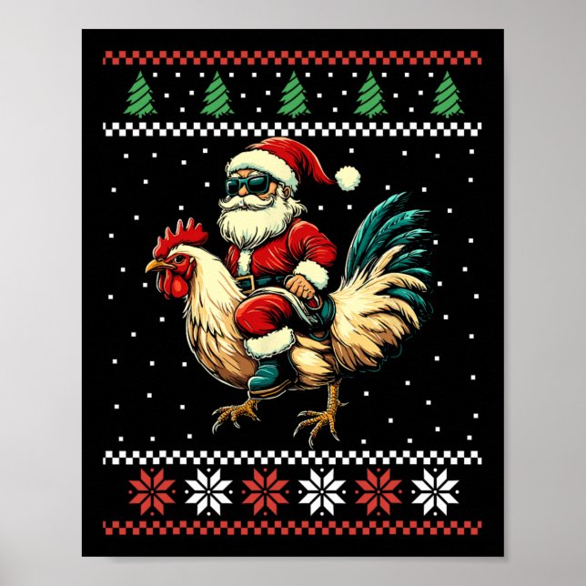 Affiche Père Noël à cheval sur un poulet pull de Noël laid (Devant)