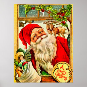 Affiche Père Noël à la fenêtre avec le sac des jouets