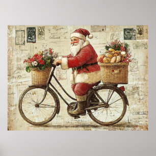 Affiche Père Noël à vélo, vintage,