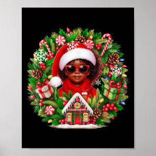 Affiche Père Noël Afro fille enfant Sungles Xmas Floral Ci