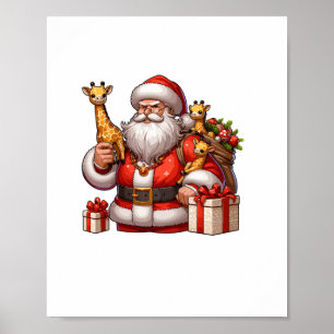 Affiche Père Noël américain tenant un cadeau de girafe Noë