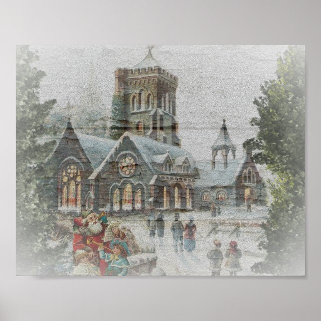 Affiche Père Noël ancienne avec enfants devant une église (Devant)