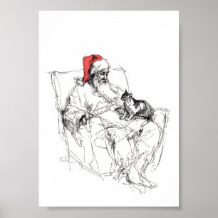 Affiche Père Noël assis avec le chat sur le genou