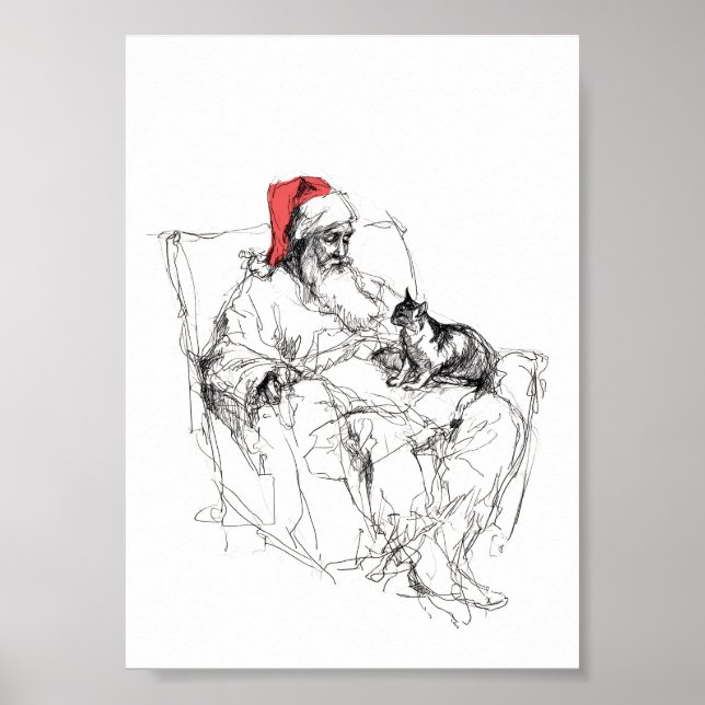 Affiche Père Noël assis avec le chat sur le genou (Devant)