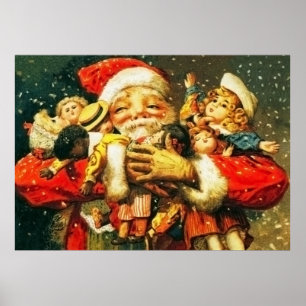 Affiche Père Noël avec des poupées
