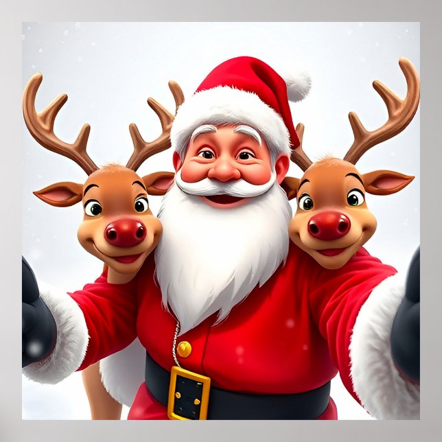 Affiche Père Noël avec rennes célébrant Noël (Devant)