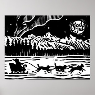 Affiche Père Noël avec traîneau de chien dans l'Arctique L