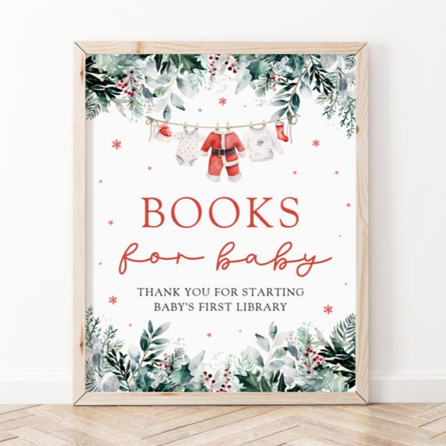 Affiche Père Noël Baby Christmas Baby shower Livres pour b (Watercolor Red Santa Gender Neutral Books for Baby Baby Shower Sign)
