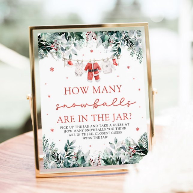 Affiche Père Noël Baby Devine Combien de boules de neige B (Watercolor Christmas Red Santa Baby Dont Say Baby Baby Shower Sign)