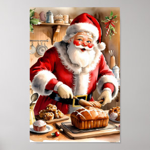 Affiche Père Noël Baking Pain de Noël Cuisine Mur Art
