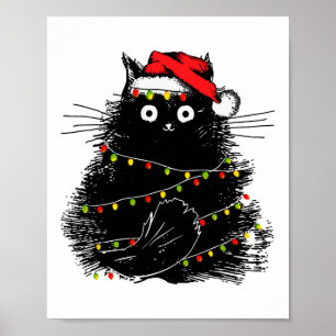 Affiche père Noël chat noir emmêlé à la lumière des arbres