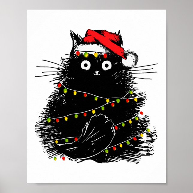 Affiche père Noël chat noir emmêlé à la lumière des arbres (Devant)