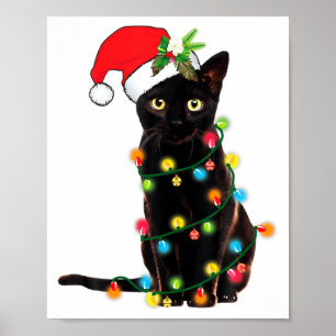 Affiche Père Noël chat noir empêtré dans les lumières de N
