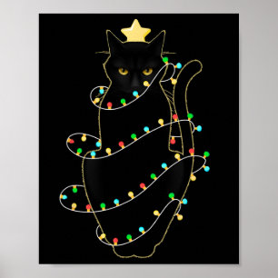 Affiche Père Noël Chat Noir Tangé Dans La Lumière De L'Arb