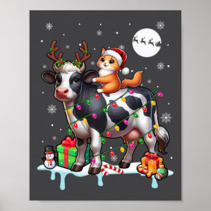 Affiche Père Noël Chat Riding Reindeer Vache Noël Lumières