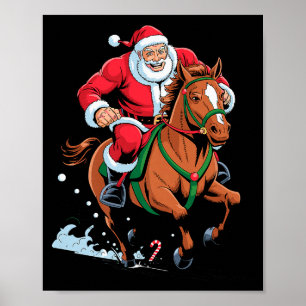 Affiche Père Noël chevauchant un cheval drôle d'équitation