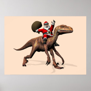 Affiche Père Noël chevauchant un Deinonychus