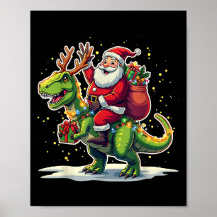 Affiche Père Noël chevauchant un dinosaure T Rex cerf lumi