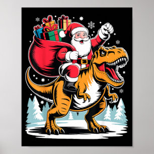 Affiche Père Noël chevauchant un dinosaure T Rex Noël garç