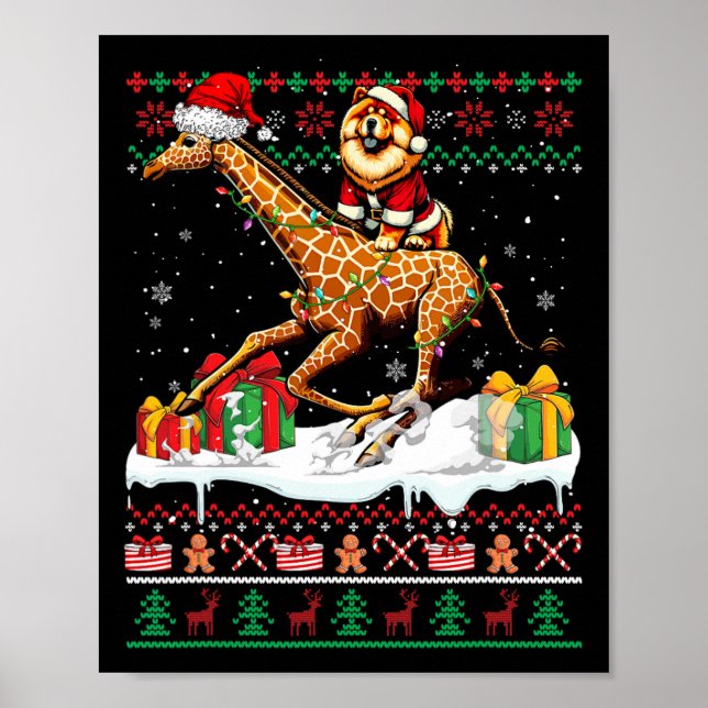 Affiche Père Noël Chow Chow Riding Giraffe Sweater de Noël (Devant)