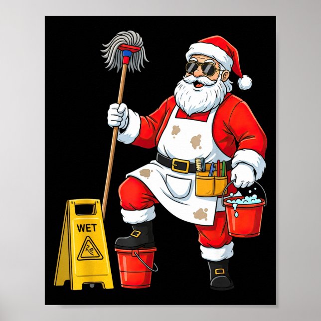 Affiche Père Noël Concierge Drôle Graphique de Noël Nettoy (Devant)