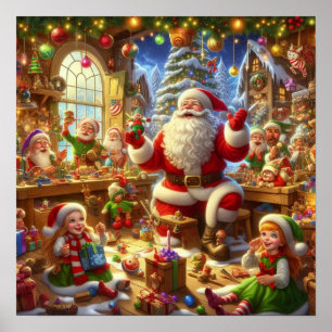 Affiche Père Noël dans son atelier de Noël avec des jouets