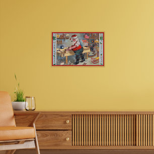 Affiche Père Noël dans son atelier, oeuvre d'art vintage,