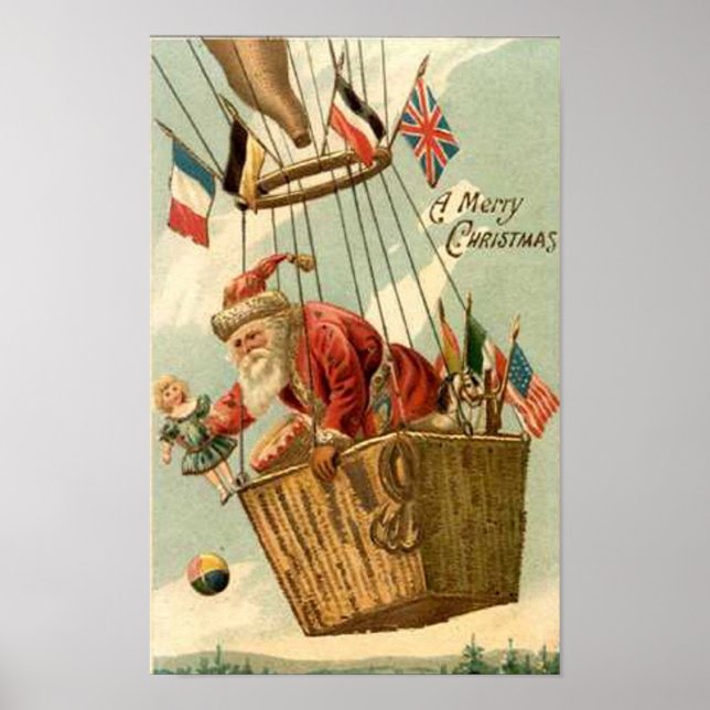 Affiche Père Noël de Noël dans un ballon à air chaud (Devant)