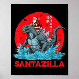 Affiche Père Noël de Noël montant le monstre japonais Kaij
