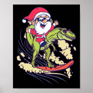 Affiche Père Noël Dinosaure Surfant T-rex Dino Été Noël
