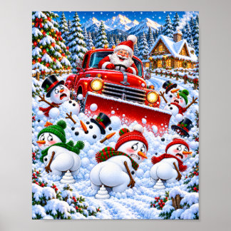 Affiche Père Noël drôle Chasse-neige et bonhommes de neige