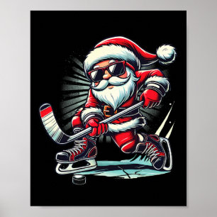 Affiche Père Noël drôle jouant aux amateurs de hockey sur