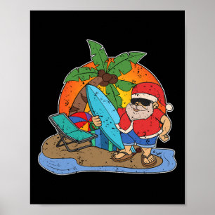 Affiche Père Noël drôle surfeur Hawaïen Noël au coucher du