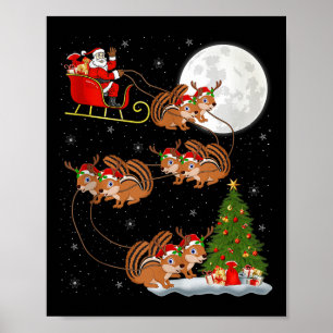Affiche Père Noël écureuil traîneau volant drôle magique N