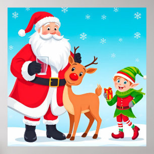 Affiche Père Noël, elfe et renne dans un Noël festif
