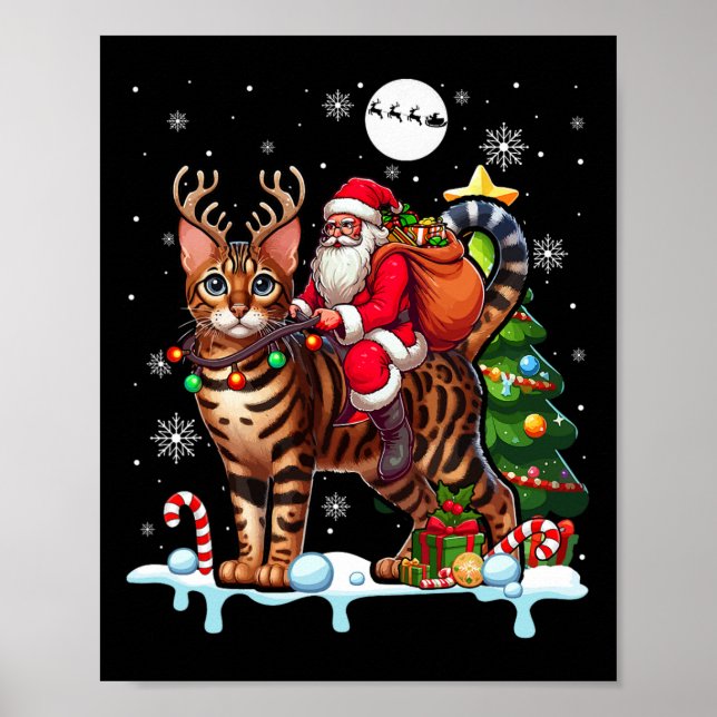 Affiche Père Noël équitation renne Bengale Chat Xmas arbre (Devant)