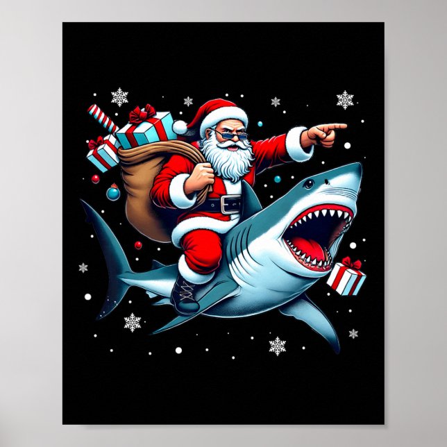 Affiche Père Noël équitation requin Noël Pyjama mignonne O (Devant)