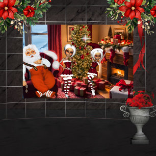 Affiche Père Noël et elfes après le travail