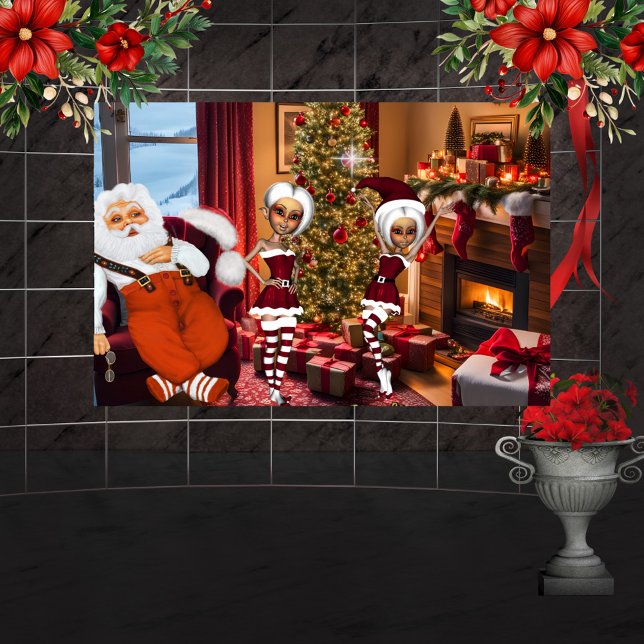 Affiche Père Noël et elfes après le travail (Christmas time)