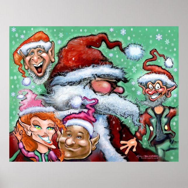 Affiche Père Noël et Elfes de Noël (Devant)