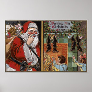 Affiche Père Noël et enfants recherchant la cheminée