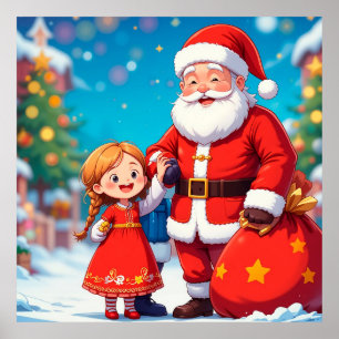 Affiche Père Noël et fille avec un sac de cadeaux