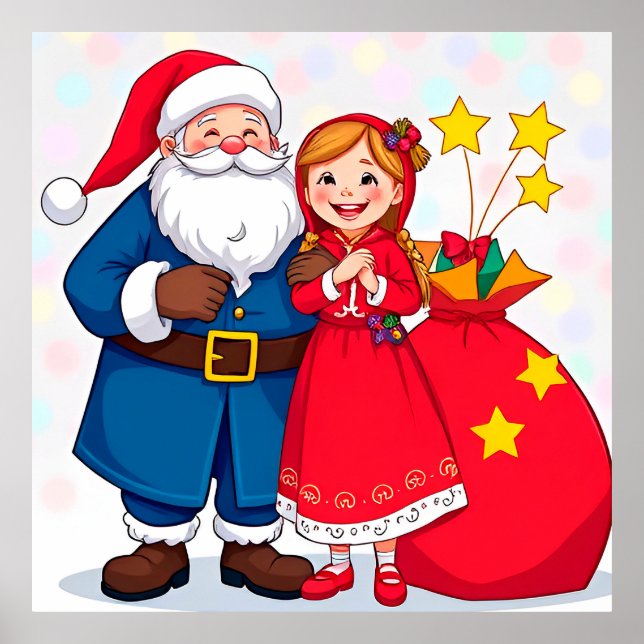Affiche Père Noël et fille avec un sac de cadeaux (Devant)