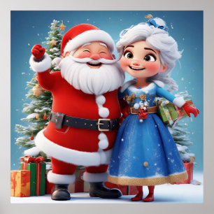 Affiche Père Noël et la Fée des Neiges célébrant Noël