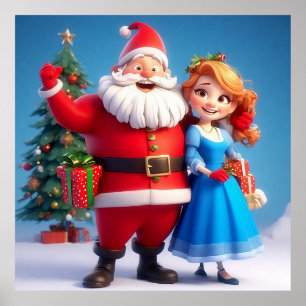 Affiche Père Noël et la Fée des Neiges célébrant Noël
