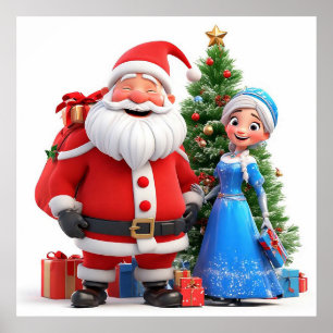 Affiche Père Noël et la Fée des Neiges célébrant Noël