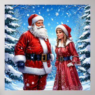 Affiche Père Noël et Madame Claus festifs