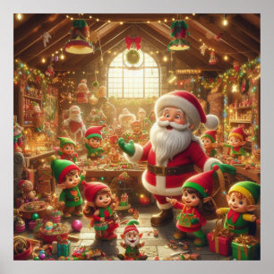 Affiche Père Noël et ses Elfes dans l'Atelier de Noël sur